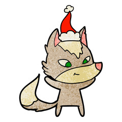 friendly textured cartoon of a wolf wearing santa hat