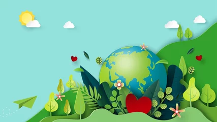 Foto op Canvas Paper art of green nature and earth day concept background template.Ecology and environment conservation concept.Vector illustration. © Man As Thep