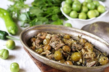 Alluciye- or the Turkish dish. Meat stew with green plum and greens. green plum recipe. Greengage stew. dishes from unripe plums. Keto diet dish