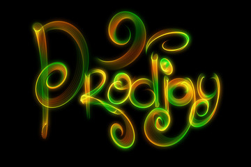 The word prodigy made by green and red fire or smoke isolated over black background