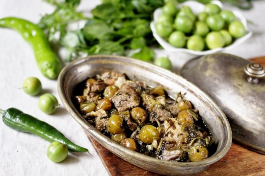 Alluciye- or the Turkish dish. Meat stew with green plum and greens. green plum recipe. Greengage stew. dishes from unripe plums. Keto diet dish
