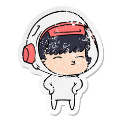 distressed sticker of a cartoon curious astronaut