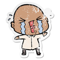 distressed sticker of a cartoon crying bald man