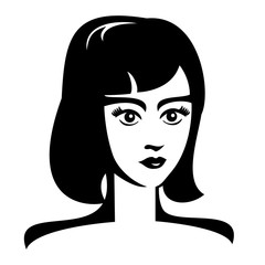 Vector Illustration of young face girl. Black and white portrait in a modern style design. Graphic icon of a women head.