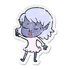 distressed sticker of a pretty cartoon elf girl with question