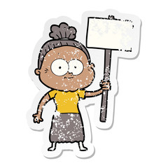 distressed sticker of a cartoon happy old woman