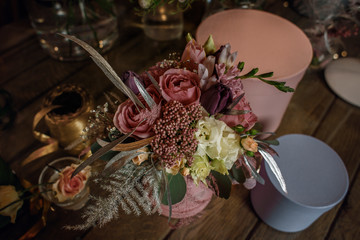  Flower's bouquet for a holiday. Flower's business.  Lifestyle flower shop. Beautiful flower composition. Bouquet. Detail. Close up.