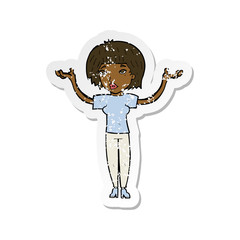 retro distressed sticker of a cartoon woman shrugging shoulders