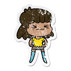 distressed sticker of a cartoon angry girl