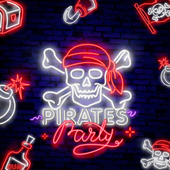 Pirates party Neon Text Vector. Pitate neon icon, design template, modern trend design, night neon signboardVintage pirate emblem glowing neon