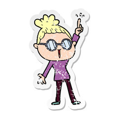 distressed sticker of a cartoon woman wearing spectacles