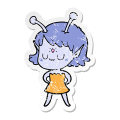 distressed sticker of a cartoon alien girl