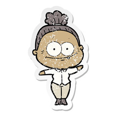 distressed sticker of a cartoon happy old woman