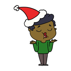 line drawing of a man talking and shrugging shoulders wearing santa hat