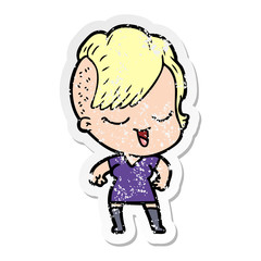 distressed sticker of a happy cartoon girl