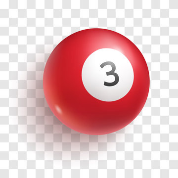 Red billiard ball with number three. Glossy sphere with reflection and shadow. Realistic 3d ball for pool or snooker game vector illustration. Sport equipment isolated on transparent background