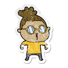 distressed sticker of a cartoon woman wearing spectacles