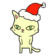 comic book style illustration of a cat with bright eyes wearing santa hat