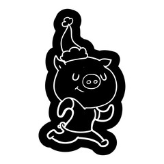 happy cartoon icon of a pig running wearing santa hat
