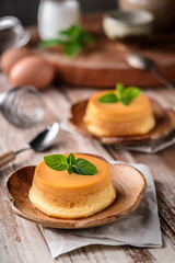 homemade caramel custard pudding with mint