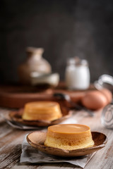homemade caramel custard pudding with mint