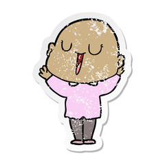 distressed sticker of a happy cartoon bald man
