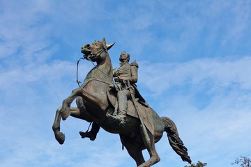View of a bronze statue of Major General Andrew Jackson on a horse located in New Orleans,...