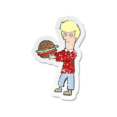 retro distressed sticker of a cartoon man eating burger
