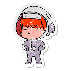 distressed sticker of a cartoon curious astronaut