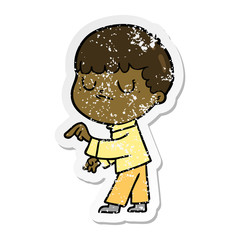 distressed sticker of a cartoon grumpy boy