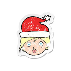 retro distressed sticker of a cartoon woman wearing christmas hat