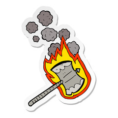 sticker of a cartoon flaming axe