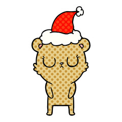 peaceful comic book style illustration of a bear wearing santa hat