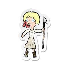 retro distressed sticker of a cartoon woman with spear sticking out tongue