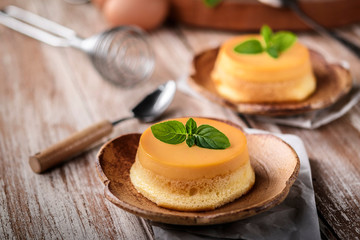 homemade caramel custard pudding with mint