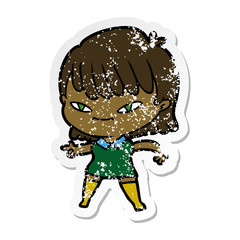 distressed sticker of a cartoon pointing woman