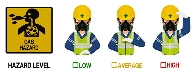 Set of industrial worker with gas mask is gesturing hand sign ( high low average)