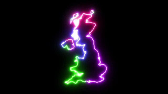 Four-colors neon glowing Great Britain map silhouette