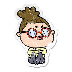distressed sticker of a cartoon annoyed woman
