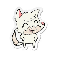 distressed sticker of a happy cartoon fox