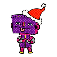 comic book style illustration of a robot wearing santa hat