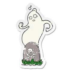 distressed sticker of a spooky cartoon grave with rising ghost
