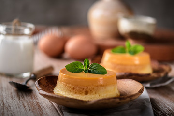 homemade caramel custard pudding with mint