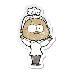 distressed sticker of a cartoon happy old woman