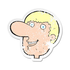 retro distressed sticker of a cartoon happy male face