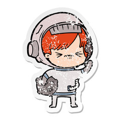 distressed sticker of a cartoon astronaut woman