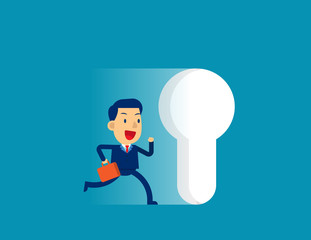 Businessman running to large keyhole. Concept cute business vector  illustration, Leadership, Challenge.