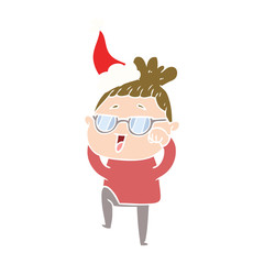 flat color illustration of a happy woman wearing spectacles wearing santa hat