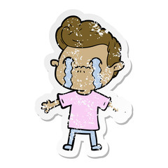 distressed sticker of a cartoon man crying