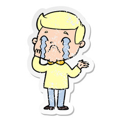 distressed sticker of a cartoon man crying